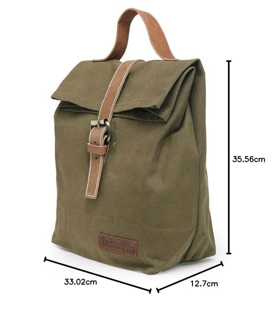 The House of tara Cotton Canvas Lunch Box Bag | Khaki Color Solid Design | 15 Ltrs Tiffin and Water Bottle Bag | Aesthetic Design with Genuine Leather Strap, Buckle & Top Handle | for Men and Women