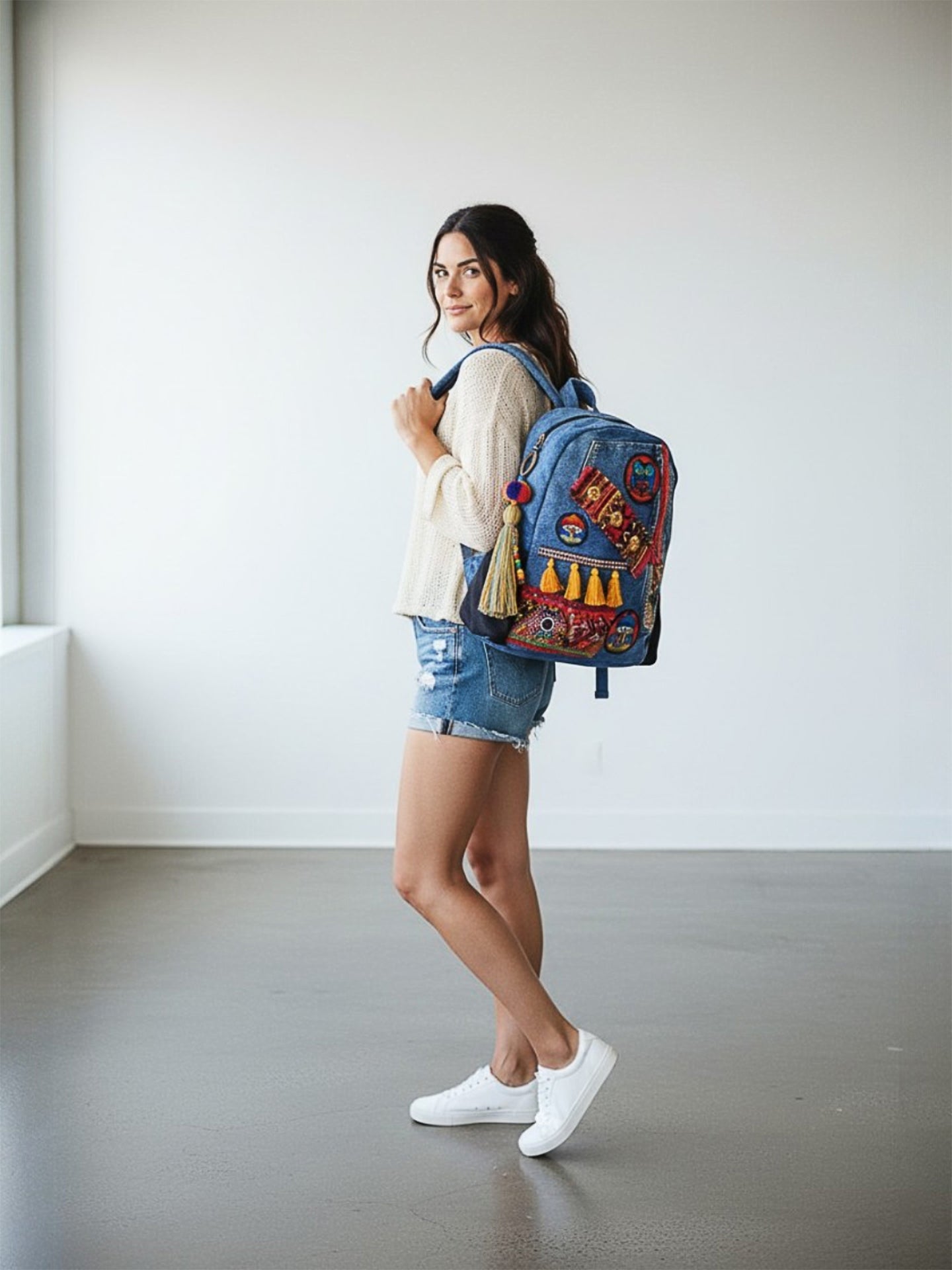 Upcycled Denim Backpack for Women | Embellished with Tassels, Embroidery Patches with Large Size Compartment, Adjustable Strap | Suitable for College & Travel (Denim Blue)