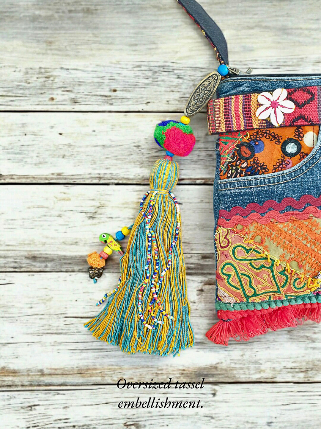 Upcycled Denim Sling Bag for Women | Cross Body Bag With Medium Size Compartment, Adjustable Strap | Embellished Shoulder Bag Suitable for College & Travel (Denim Blue)