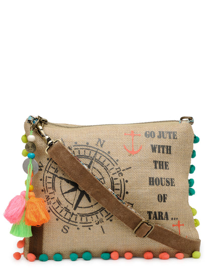 Casual Jute Purse For Women | Small Crossbody Sling Bag with Tassels, Zip Pocket & Removable Shoulder Strap | Printed Aesthetic Foldable Ladies Purse Handbag (Brown)