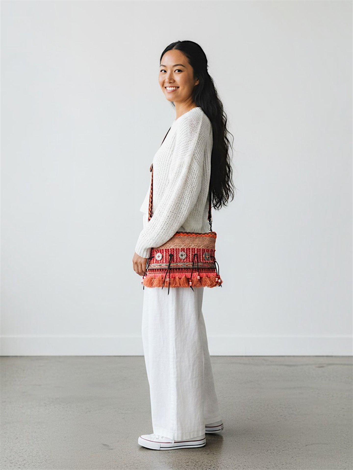 Cross Body Sling Bag with Embellishments and Tassels/Trims | Internal Zip Pocket | Jute Crossbody Bag in Multi Colour with Zip Closure | Handmade.