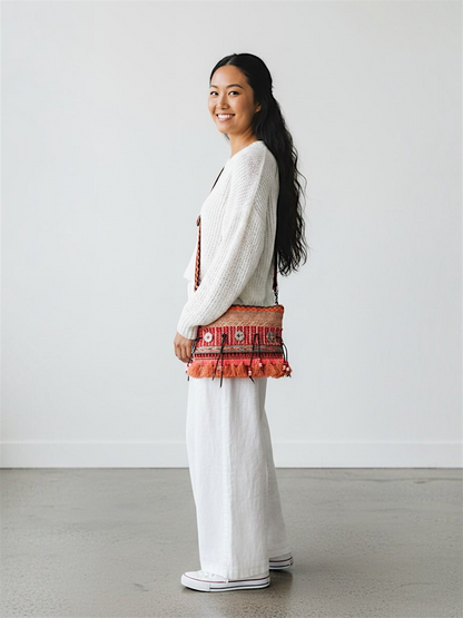 Cross Body Sling Bag with Embellishments and Tassels/Trims | Internal Zip Pocket | Jute Crossbody Bag in Multi Colour with Zip Closure | Handmade.