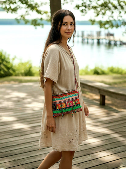 Cross Body Sling Bag with Embellishments and Tassels/Trims | Internal Zip Pocket | Jute Crossbody Bag in Multi Colour with Zip Closure | Handmade.