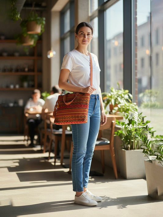 Office Laptop Bag for Women 13.3 And 15.6 Inch | Ideal For Office & Travel | Multicolour Embellished Handloom Fabric | MacBook Messenger Business Bag for ladies