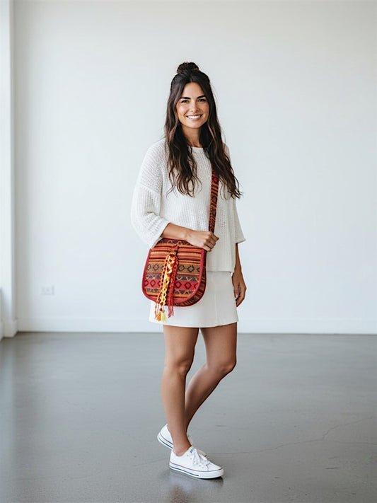 Ethnic Handloom Crossbody Sling Bag | Embellished with Tassels and Trims. Flap Closure with a Snap Button | Internal Zip Pocket | Multicolour side Crossbody Bag for Women | Handmade.