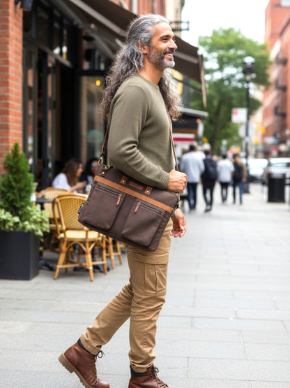 Cotton Canvas Laptop Bag for Men & Women | Brown Office Bag | Fits Up to 15.6 Inch Laptop/MacBook | Laptop Messenger Bags | Leather Handle Bag for Men with Adjustable Shoulder Strap