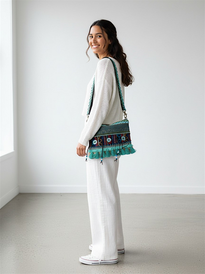 Cross Body Sling Bag with Embellishments and Tassels/Trims | Internal Zip Pocket | Jute Crossbody Bag in Multi Colour with Zip Closure | Handmade.