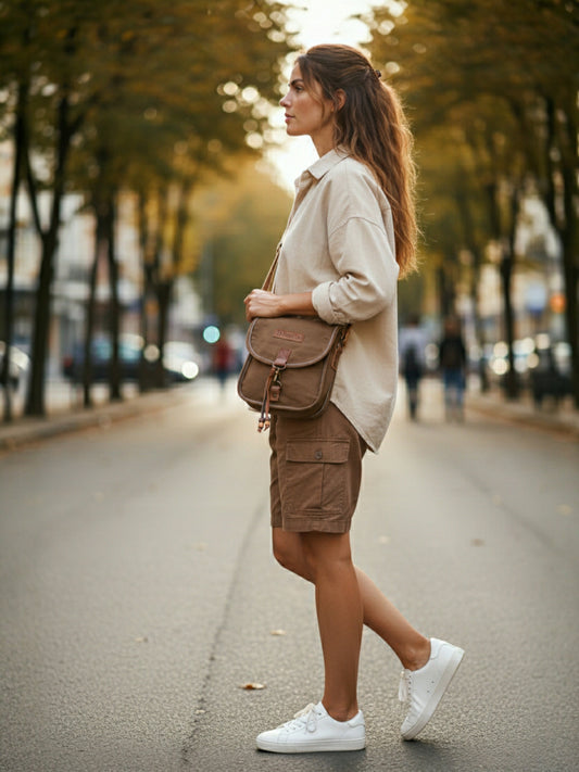Canvas Purse for Women | Casual Crossbody Sling Bag with Adjustable Straps, Zipped Pocket & Lobster Hook Buckle Closure | Suitable for College & Travel (Khaki)