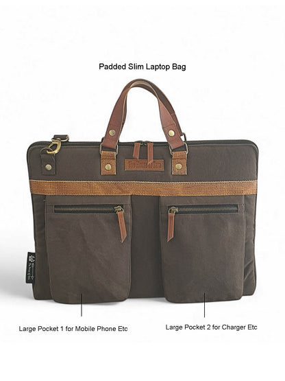 Cotton Canvas Laptop Bag for Men & Women | Brown Office Bag | Fits Up to 15.6 Inch Laptop/MacBook | Laptop Messenger Bags | Leather Handle Bag for Men with Adjustable Shoulder Strap