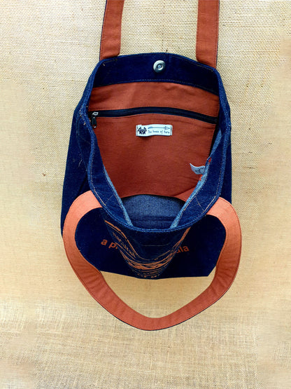 Indigo Denim Cotton Tote Bag | Bold Prints | Magnetic Closure | Internal Zip Pocket | Stylish Bag For College, Shopping & Daily Use | For Women