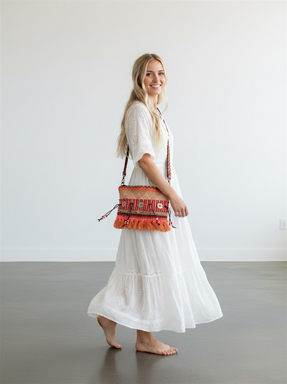 Cross Body Sling Bag with Embellishments and Tassels/Trims | Internal Zip Pocket | Jute Crossbody Bag in Multi Colour with Zip Closure | Handmade.