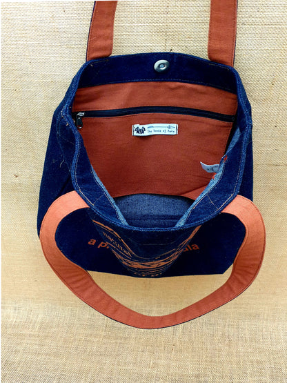 Indigo Denim Cotton Tote Bag | Bold Prints | Magnetic Closure | Internal Zip Pocket | Stylish Bag For College, Shopping & Daily Use | For Women