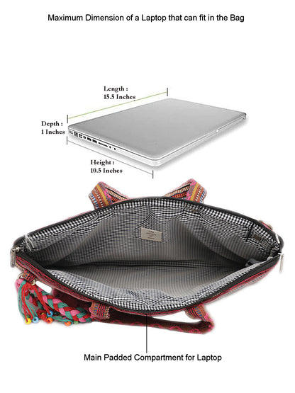 Office Laptop Bag for Women 13.3 And 15.6 Inch | Ideal For Office & Travel | Multicolour Embellished Handloom Fabric | MacBook Messenger Business Bag for ladies