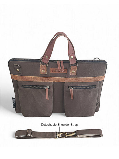 Cotton Canvas Laptop Bag for Men & Women | Brown Office Bag | Fits Up to 15.6 Inch Laptop/MacBook | Laptop Messenger Bags | Leather Handle Bag for Men with Adjustable Shoulder Strap
