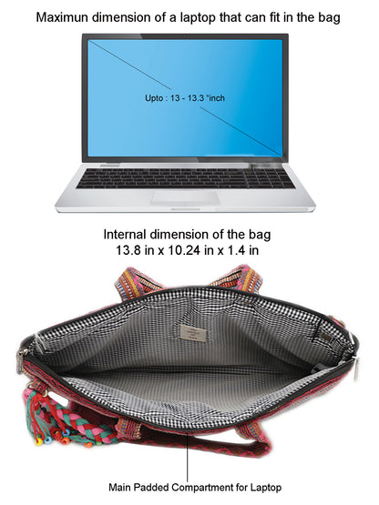 Office Laptop Bag for Women 13.3 And 15.6 Inch | Ideal For Office & Travel | Multicolour Embellished Handloom Fabric | MacBook Messenger Business Bag for ladies