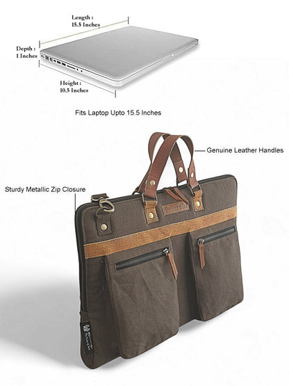 Cotton Canvas Laptop Bag for Men & Women | Brown Office Bag | Fits Up to 15.6 Inch Laptop/MacBook | Laptop Messenger Bags | Leather Handle Bag for Men with Adjustable Shoulder Strap