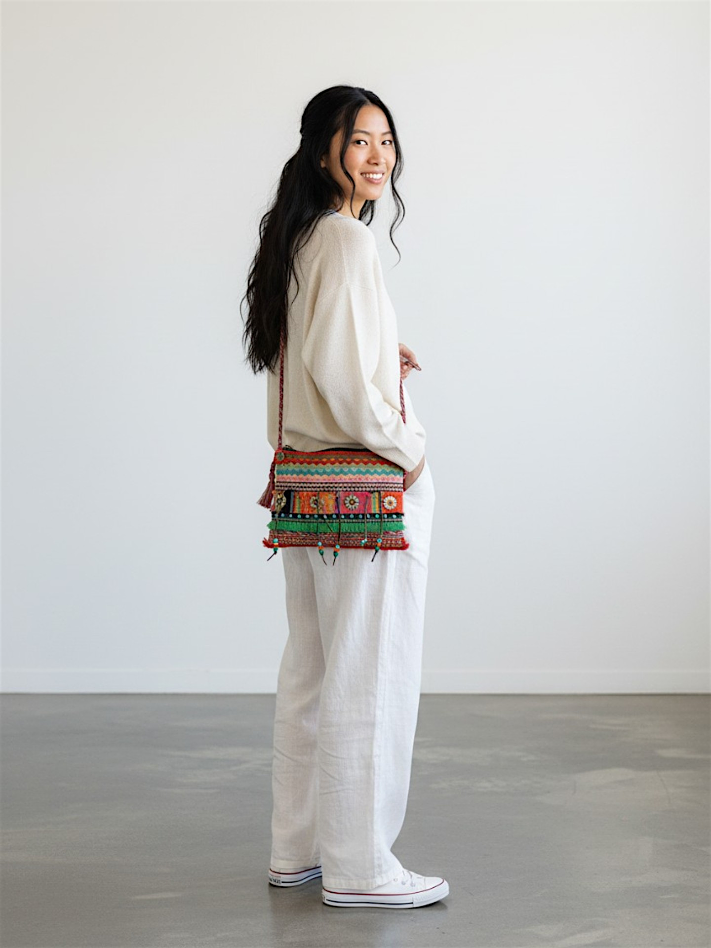 Cross Body Sling Bag with Embellishments and Tassels/Trims | Internal Zip Pocket | Jute Crossbody Bag in Multi Colour with Zip Closure | Handmade.