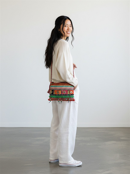Cross Body Sling Bag with Embellishments and Tassels/Trims | Internal Zip Pocket | Jute Crossbody Bag in Multi Colour with Zip Closure | Handmade.