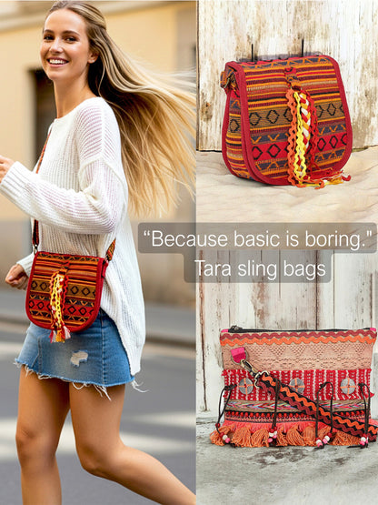 Cross Body Sling Bag with Embellishments and Tassels/Trims | Internal Zip Pocket | Jute Crossbody Bag in Multi Colour with Zip Closure | Handmade.