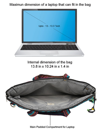 Office Laptop Bag for Women 13.3 And 15.6 Inch | Ideal For Office & Travel | Multicolour Embellished Handloom Fabric | MacBook Messenger Business Bag for ladies