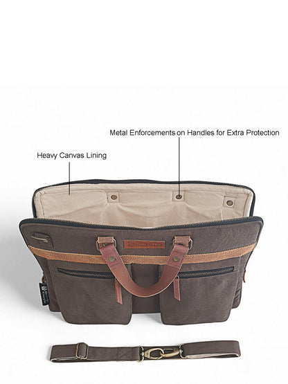 Cotton Canvas Laptop Bag for Men & Women | Brown Office Bag | Fits Up to 15.6 Inch Laptop/MacBook | Laptop Messenger Bags | Leather Handle Bag for Men with Adjustable Shoulder Strap