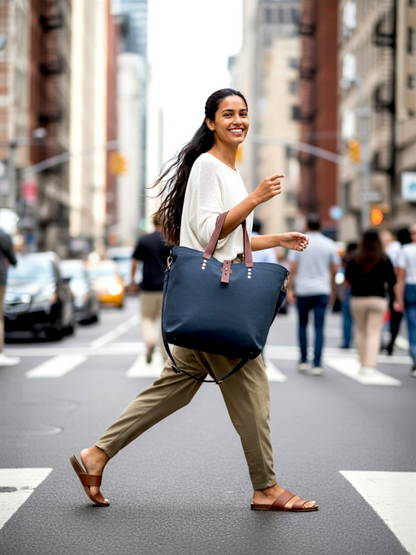Convertible Handbag | Canvas Tote Bag | Casual Cross Body Sling Bag | Combat Blue Color | Leather Strap Closure and External Pocket | Adjustable Strap Cotton Shoulder Bag For Women