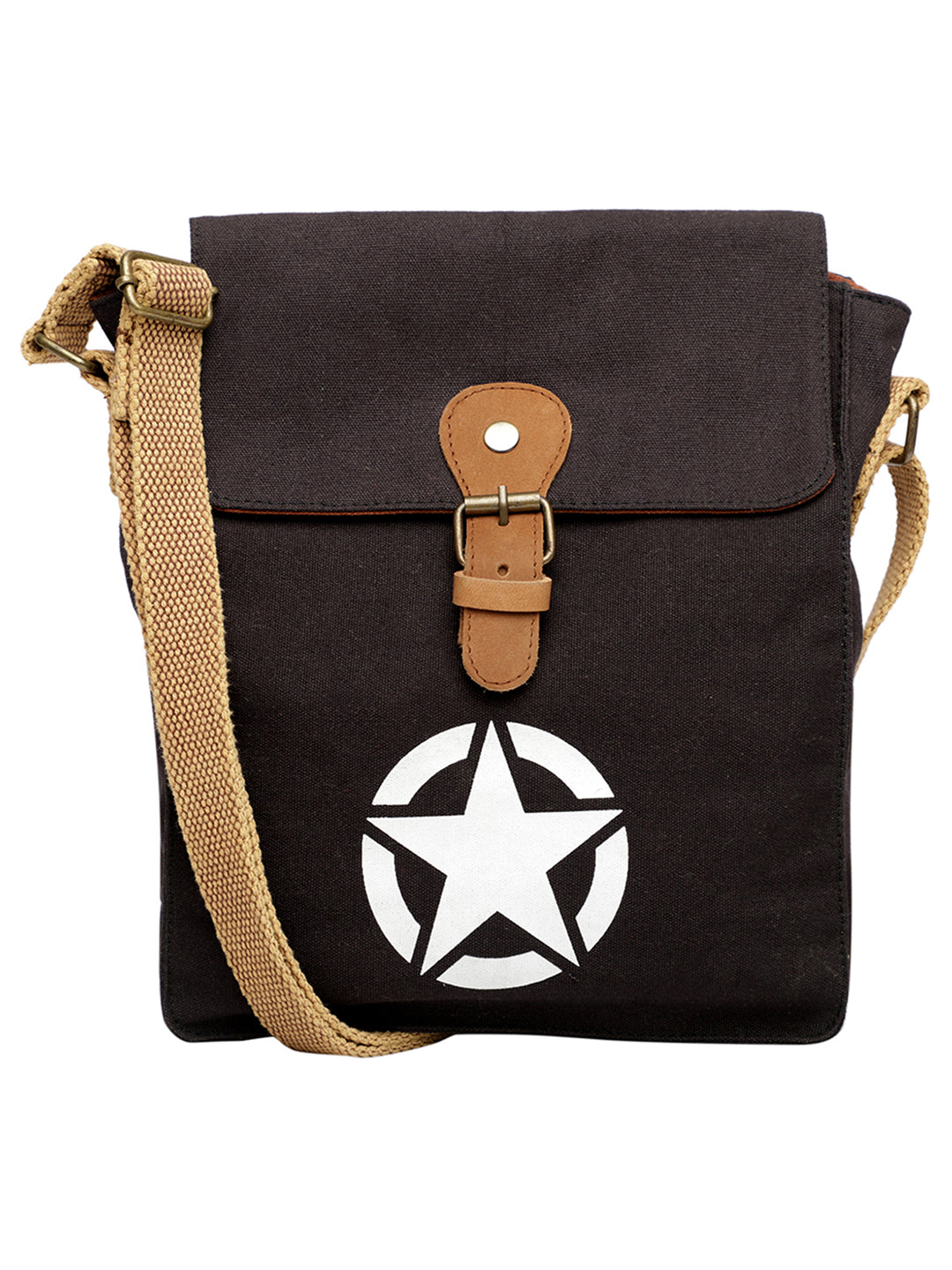Canvas Side Sling Bag For Men & Women | Compact Messenger bag with Leather Strap on flap closure, Adjustable Shoulder Strap & Snap buttons | Casual bag for Office & Travel