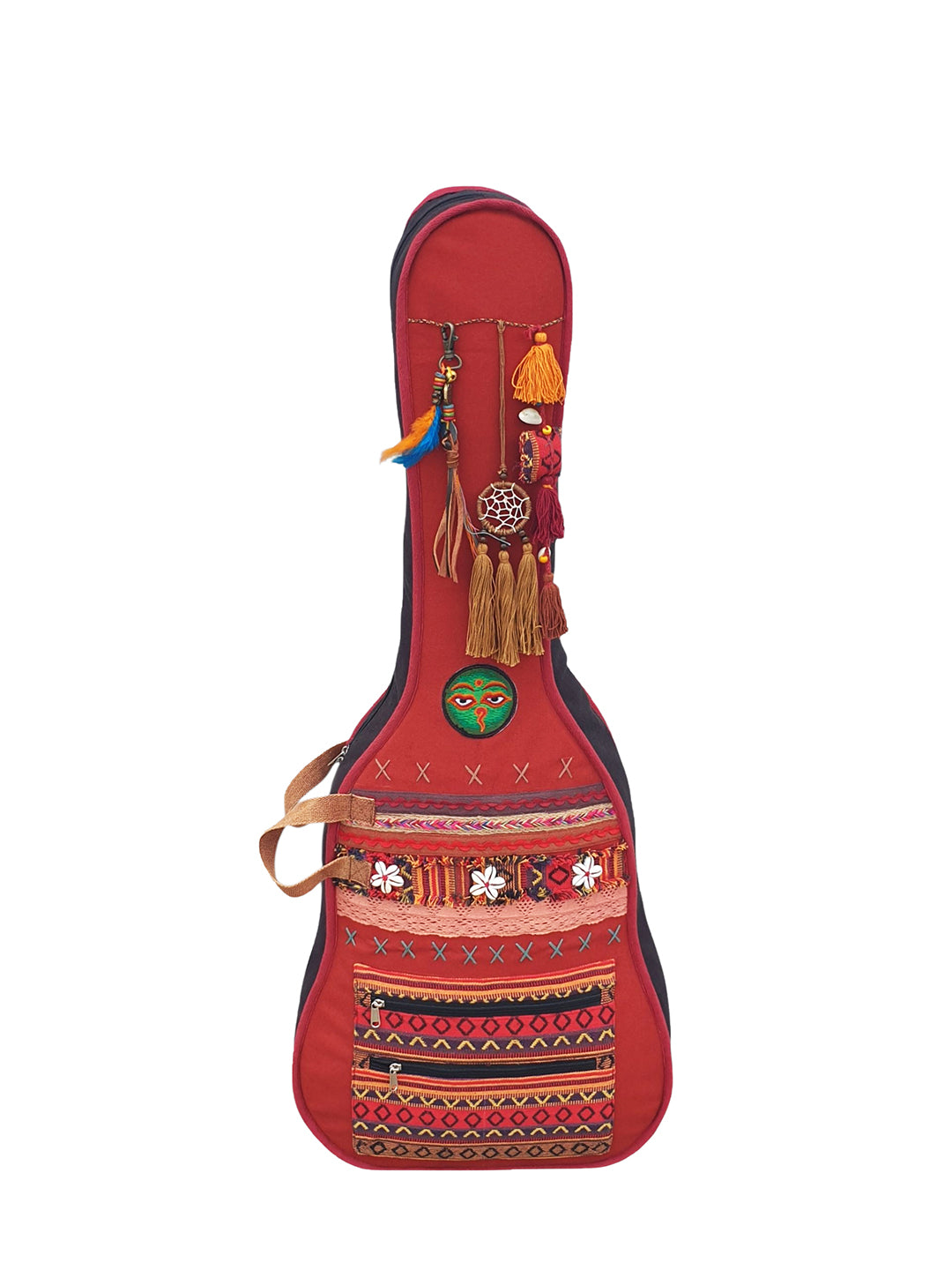 Cotton Canvas Acoustic Guitar Bag Cover | Unisex |  Inner Lining | Adjustable Padded Straps | Dream Catch Tassel Embellished | Padded Guitar Case | Dual Zip Pocket | Maroon