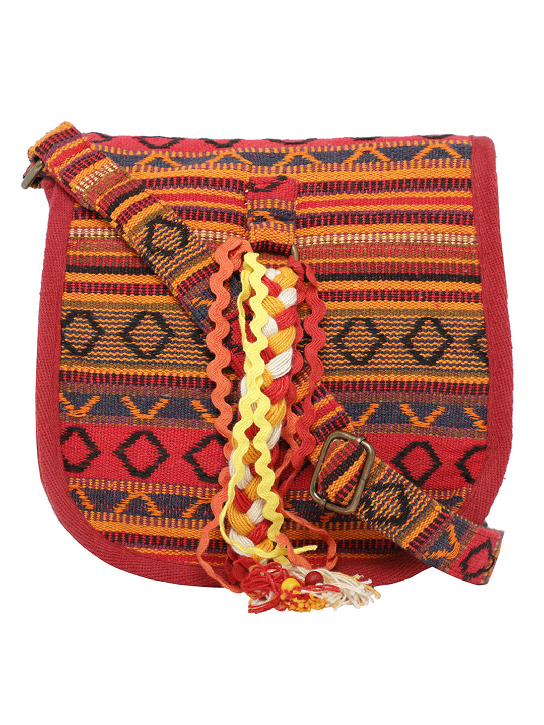 Ethnic Handloom Crossbody Sling Bag | Embellished with Tassels and Trims. Flap Closure with a Snap Button | Internal Zip Pocket | Multicolour side Crossbody Bag for Women | Handmade.