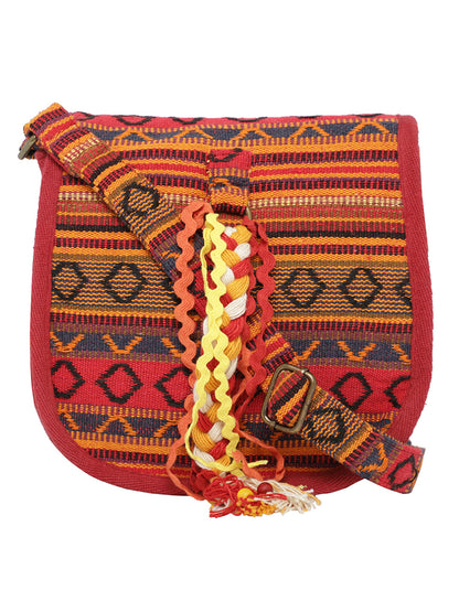 Ethnic Handloom Crossbody Sling Bag | Embellished with Tassels and Trims. Flap Closure with a Snap Button | Internal Zip Pocket | Multicolour side Crossbody Bag for Women | Handmade.