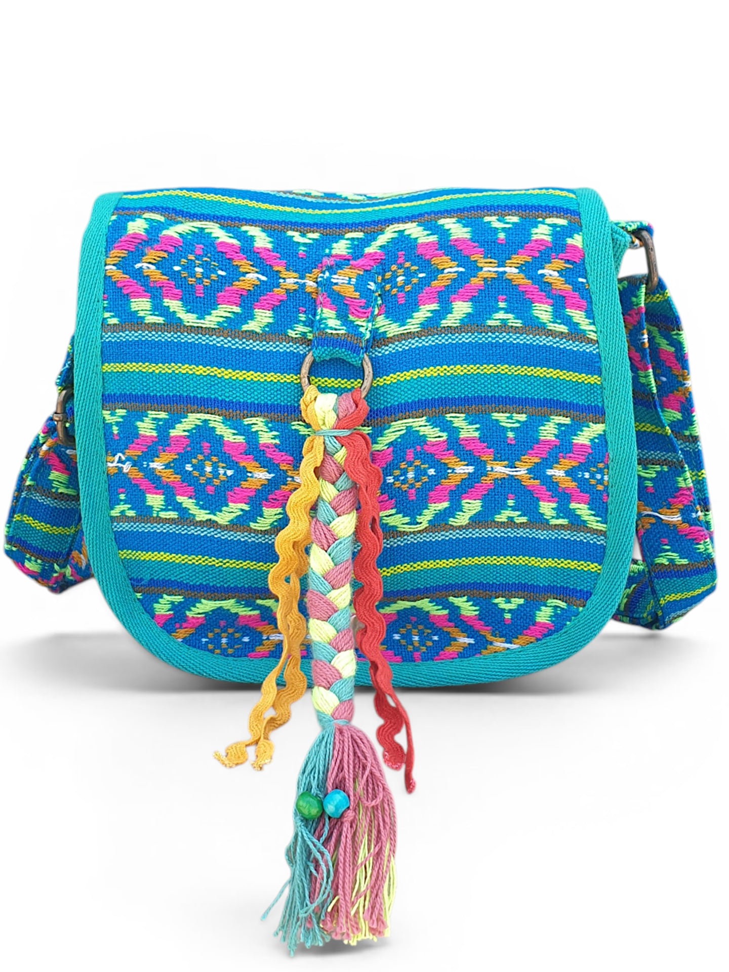 Ethnic Handloom Crossbody Sling Bag | Embellished with Tassels and Trims. Flap Closure with a Snap Button | Internal Zip Pocket | Multicolour side Crossbody Bag for Women | Handmade.