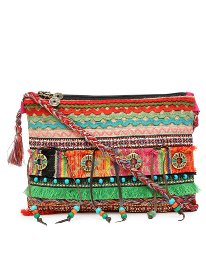 Cross Body Sling Bag with Embellishments and Tassels/Trims | Internal Zip Pocket | Jute Crossbody Bag in Multi Colour with Zip Closure | Handmade.