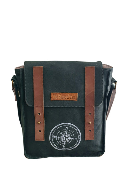 Canvas Side Sling Bag For Men & Women | Compact Messenger bag with Leather Strap on Flap Closure, Adjustable Shoulder Strap & Metal Buckle | Crossbody bag Suitable for Office