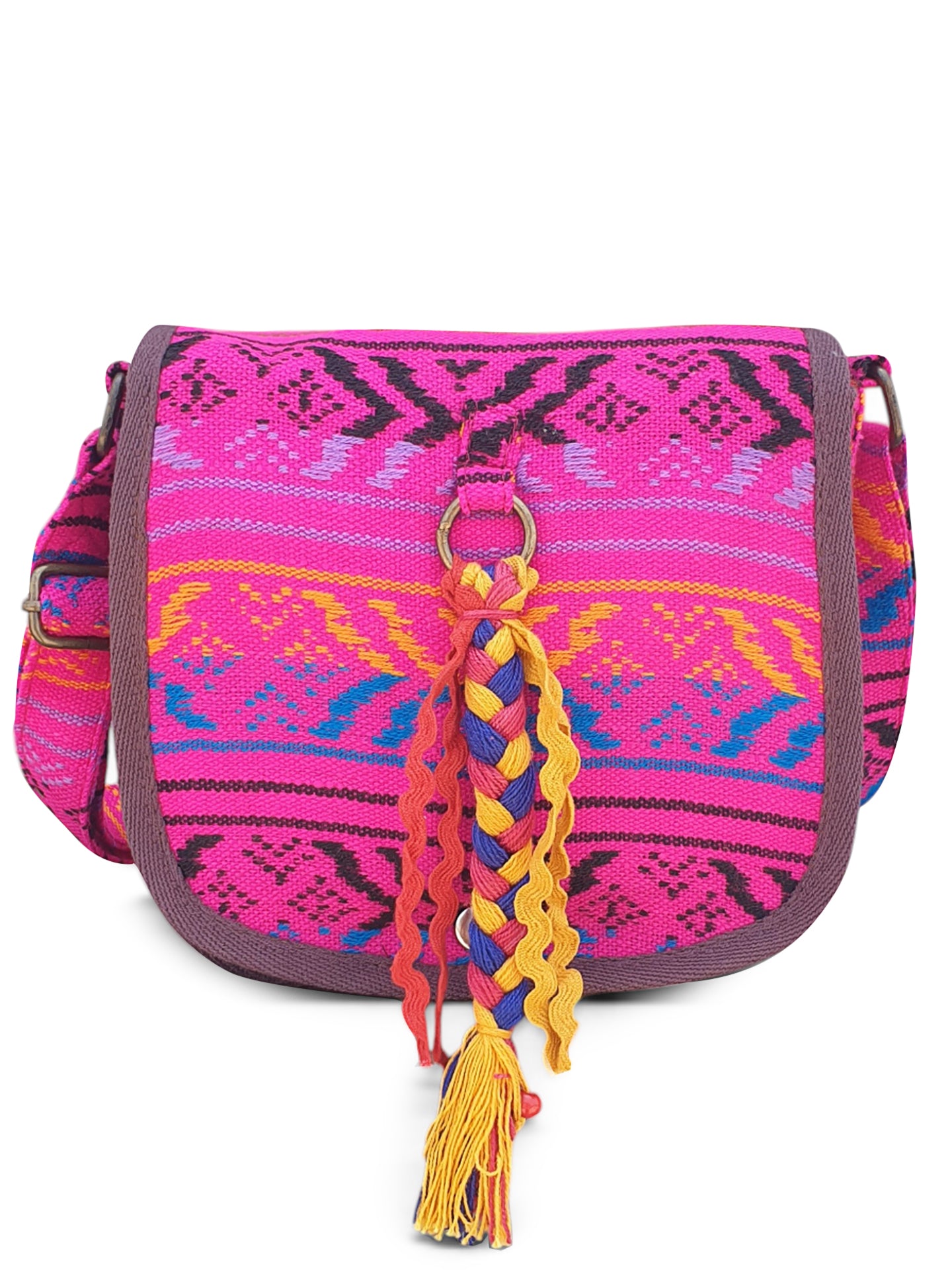 Ethnic Handloom Crossbody Sling Bag | Embellished with Tassels and Trims. Flap Closure with a Snap Button | Internal Zip Pocket | Multicolour side Crossbody Bag for Women | Handmade.