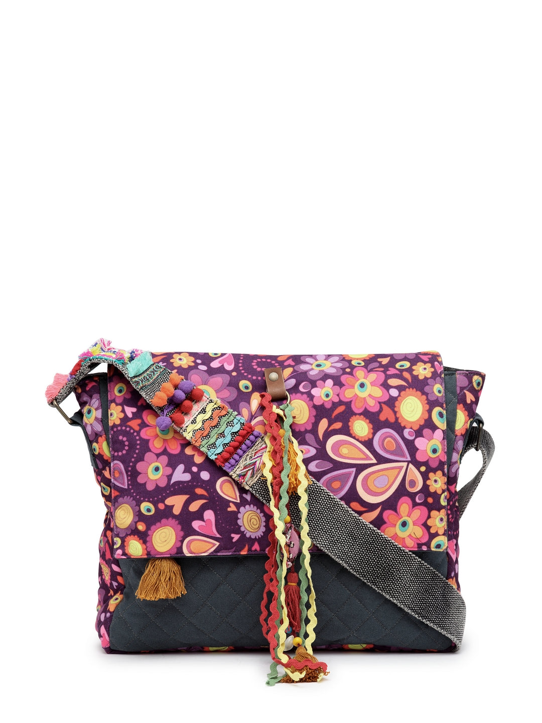 Cotton Canvas Tassel Embellished Printed Cross Body Messenger Sling Bag for Women | Travel Office Business Shoulder Bag for Women | Crossbody Purse With Adjustable Strap
