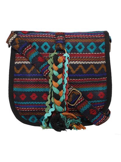 Ethnic Handloom Crossbody Sling Bag | Embellished with Tassels and Trims. Flap Closure with a Snap Button | Internal Zip Pocket | Multicolour side Crossbody Bag for Women | Handmade.