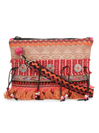 Cross Body Sling Bag with Embellishments and Tassels/Trims | Internal Zip Pocket | Jute Crossbody Bag in Multi Colour with Zip Closure | Handmade.