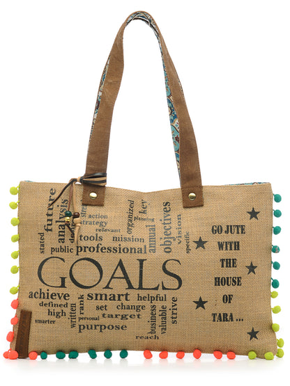 Jute Tote Handbag | Brown Beige Printed Shoulder Bag | Tassel Embellished | Magnetic Closure | Zipper Compartment | Casual Bag for College, Office & Daily Use | For Women