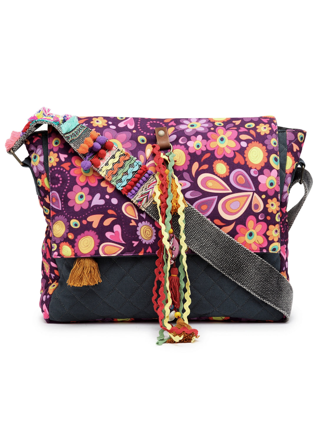 Cotton Canvas Tassel Embellished Printed Cross Body Messenger Sling Bag for Women | Travel Office Business Shoulder Bag for Women | Crossbody Purse With Adjustable Strap
