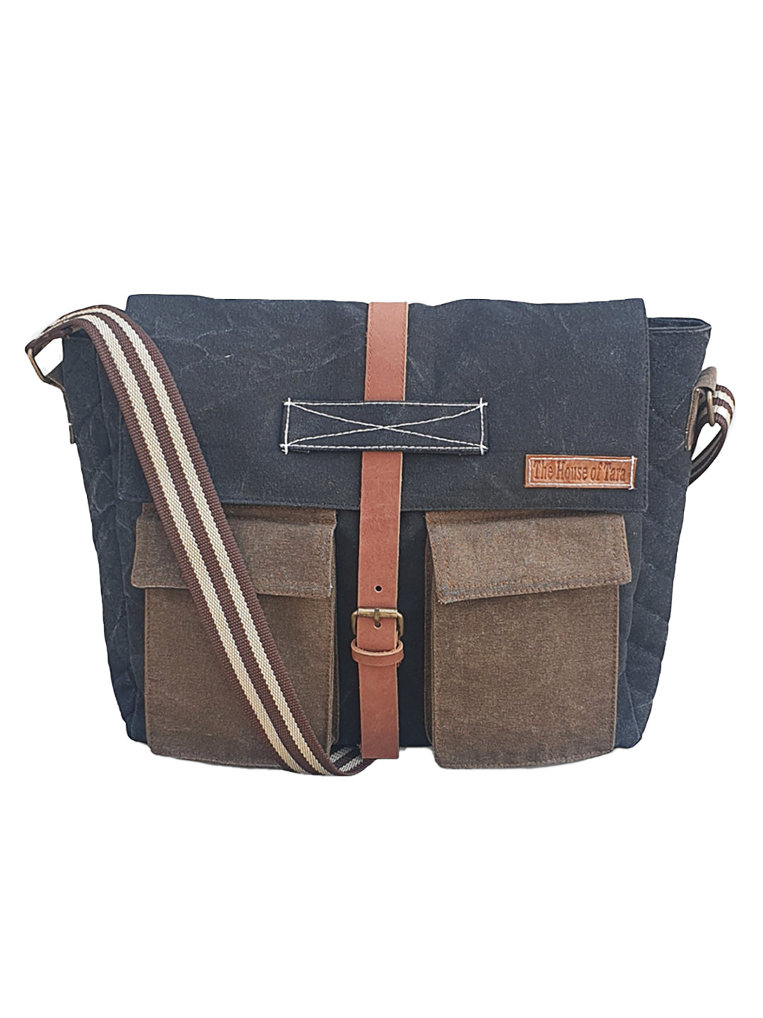 Canvas Messenger Sling Bag For Men & Women | Side Cross Body bag with Leather Strap on Flap Closure, Adjustable Shoulder Strap & 2 External Pockets | Suitable for Office