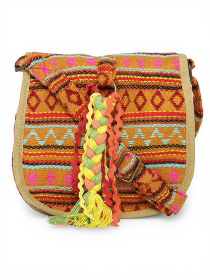 Ethnic Handloom Crossbody Sling Bag | Embellished with Tassels and Trims. Flap Closure with a Snap Button | Internal Zip Pocket | Multicolour side Crossbody Bag for Women | Handmade.