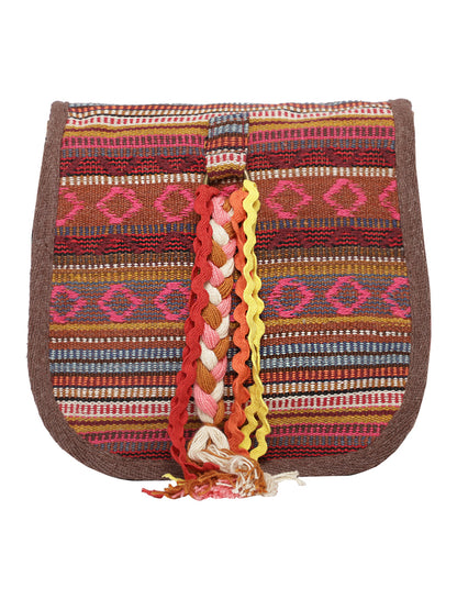 Ethnic Handloom Crossbody Sling Bag | Embellished with Tassels and Trims. Flap Closure with a Snap Button | Internal Zip Pocket | Multicolour side Crossbody Bag for Women | Handmade.