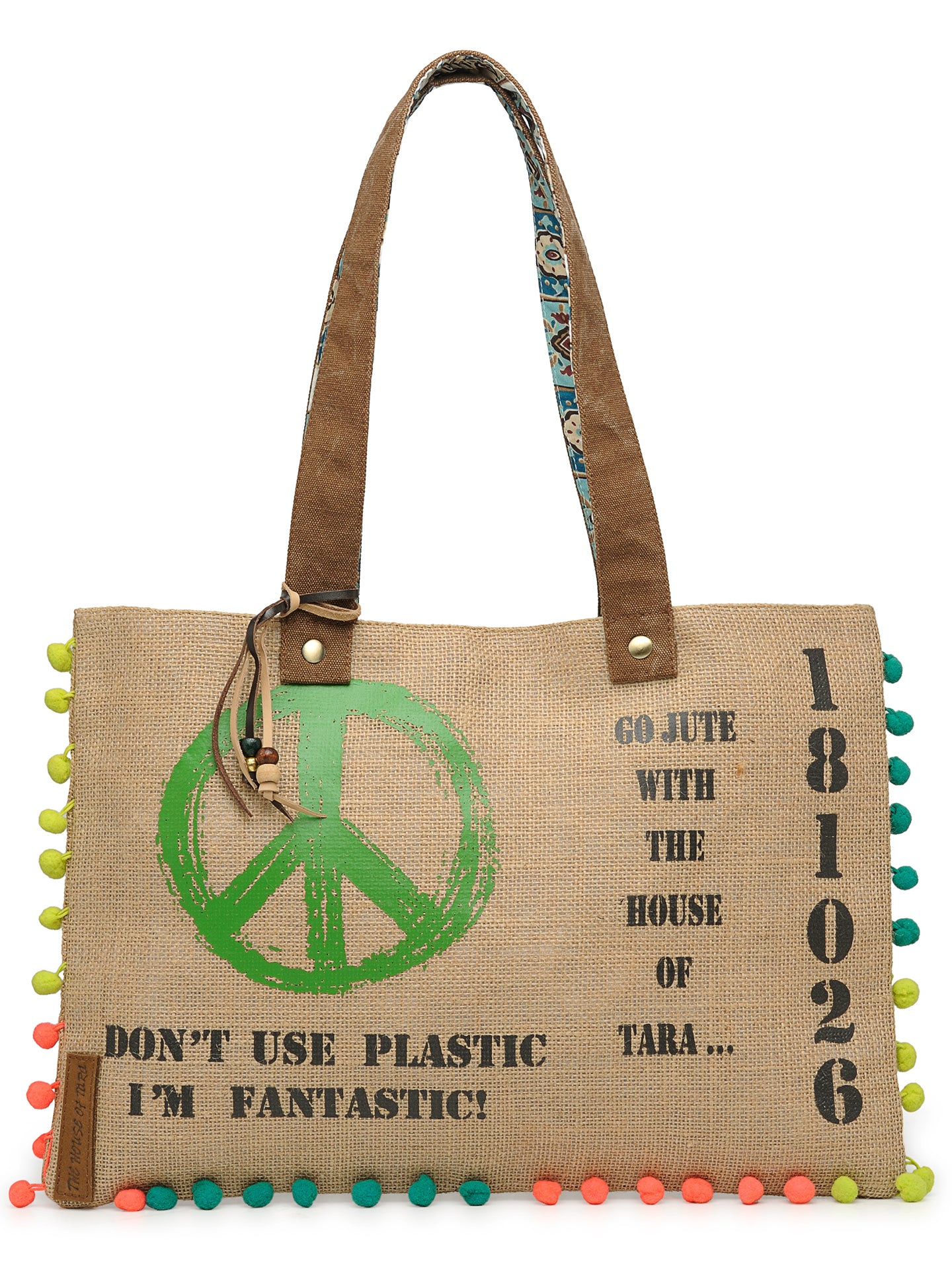 Jute Tote Handbag | Brown Beige Printed Shoulder Bag | Tassel Embellished | Magnetic Closure | Zipper Compartment | Casual Bag for College, Office & Daily Use | For Women