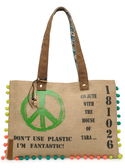 Jute Tote Handbag | Brown Beige Printed Shoulder Bag | Tassel Embellished | Magnetic Closure | Zipper Compartment | Casual Bag for College, Office & Daily Use | For Women