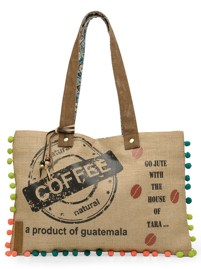 Jute Tote Handbag | Brown Beige Printed Shoulder Bag | Tassel Embellished | Magnetic Closure | Zipper Compartment | Casual Bag for College, Office & Daily Use | For Women