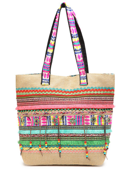 Jute Tote Handbag | Brown Multicolor Shoulder Bag | Tassel Embellished | Magnetic Closure | Zipper Compartment | Casual Bag for College, Office & Daily Use | For Women