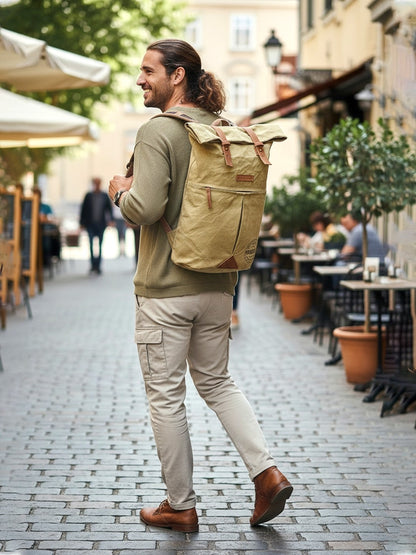 Canvas Backpack for Men and Women 21 Litres |  Cotton Bag with Top Roll Down Design & Leather strap Closure | Casual Backpacks Suitable for College, Travel & Hiking