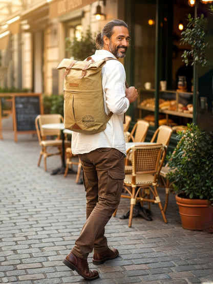Canvas Backpack for Men and Women 21 Litres |  Cotton Bag with Top Roll Down Design & Leather strap Closure | Casual Backpacks Suitable for College, Travel & Hiking