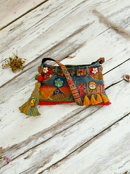 Upcycled Denim Sling Bag for Women | Cross Body Bag With Medium Size Compartment, Adjustable Strap | Embellished Shoulder Bag Suitable for College & Travel (Denim Blue)