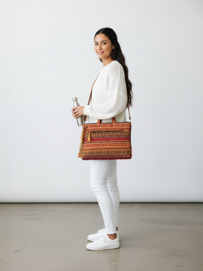 Office Laptop Bag for Women 13.3 And 15.6 Inch | Ideal For Office & Travel | Multicolour Embellished Handloom Fabric | MacBook Messenger Business Bag for ladies